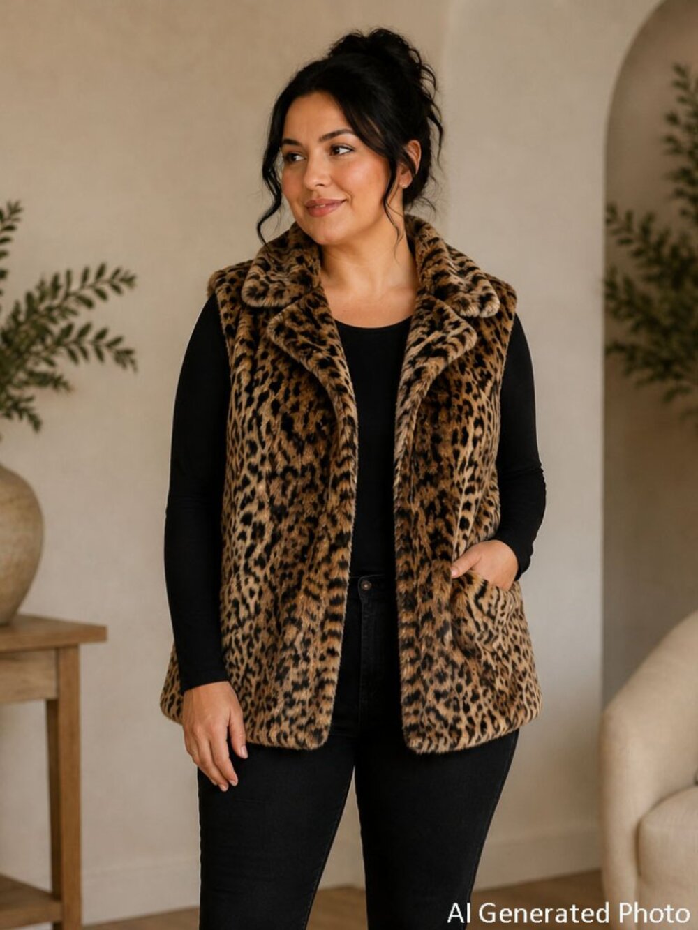 Cejon Leopard Print Faux Fur Vest Size Small NWT